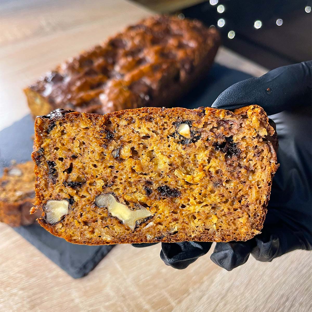 Close-up photo of a slice of Banana Bread with Protein Powder