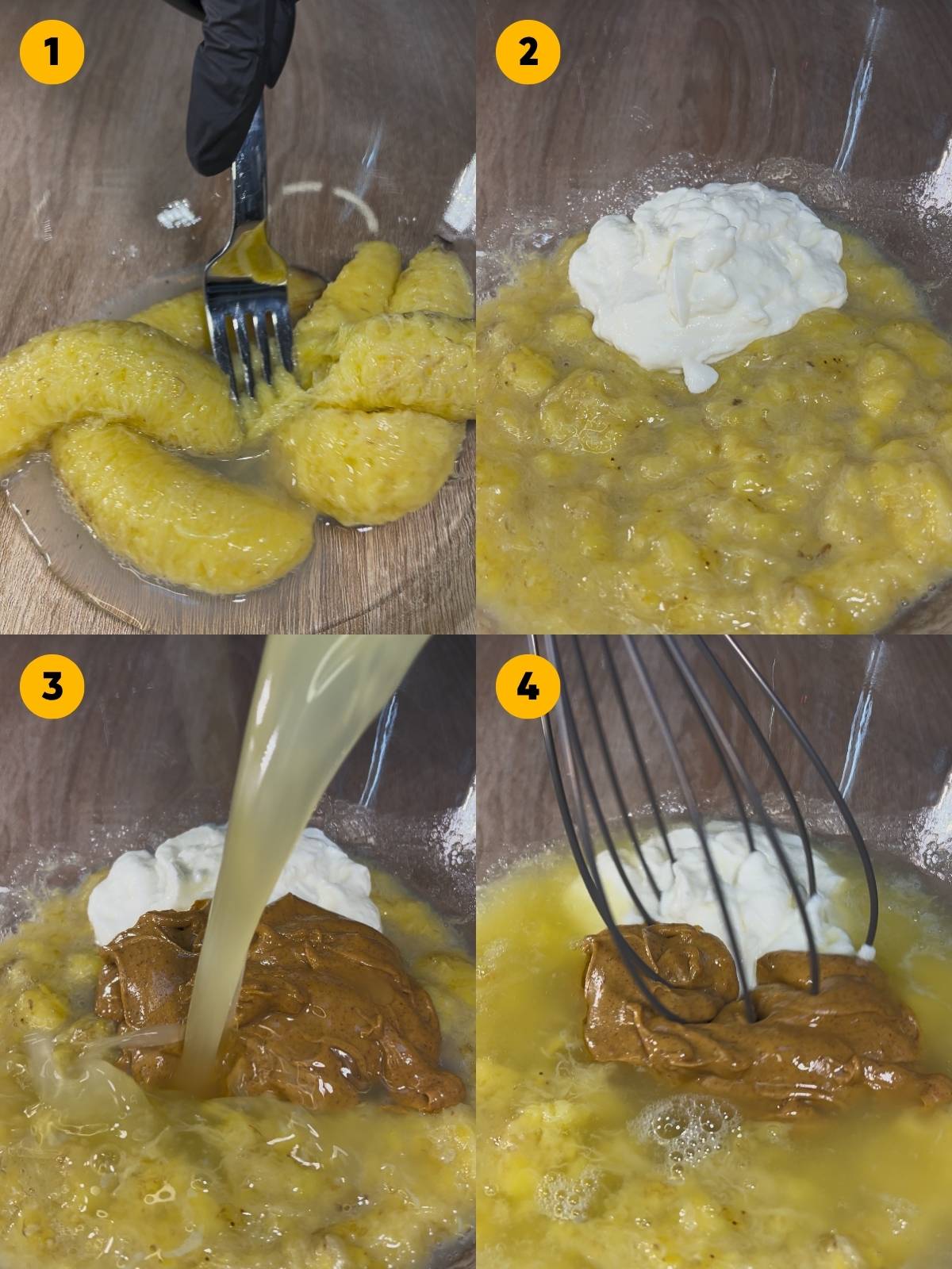 Mashing the bananas, adding Skyr, peanut butter, and egg whites. Then mixing the wet ingredients.