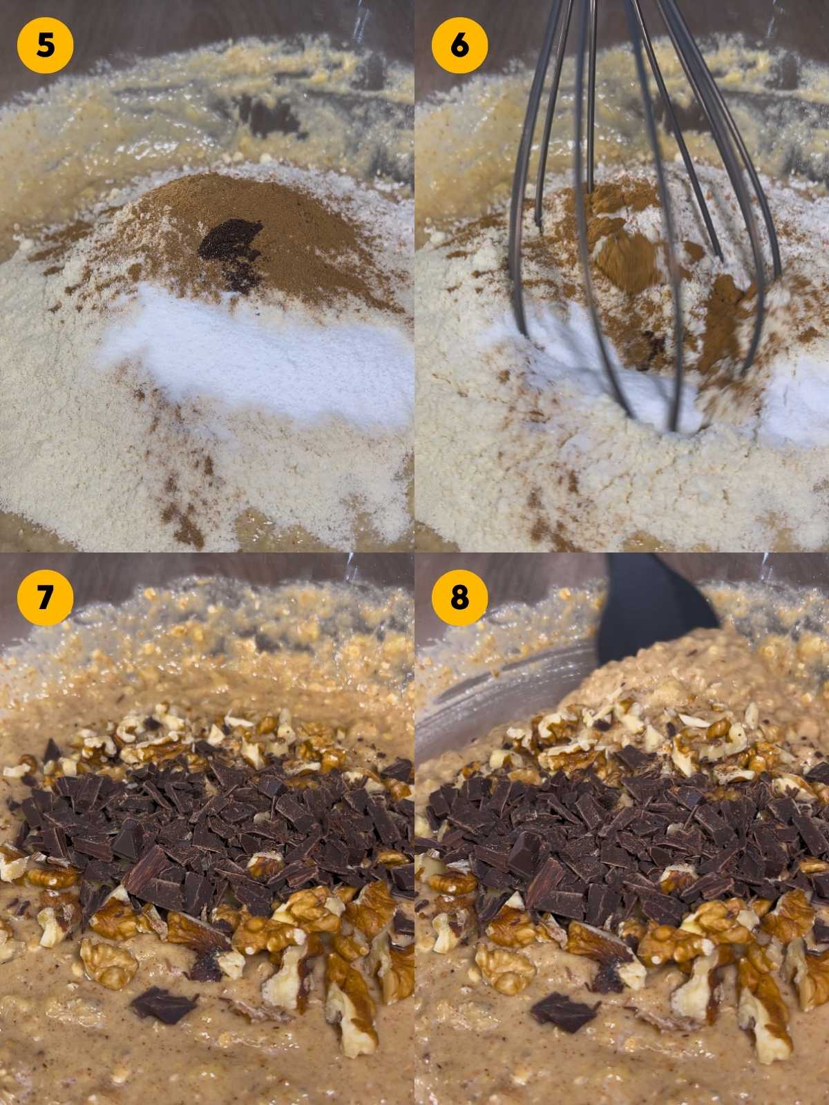 Adding the dry ingredients to the bowl and mixing it. Then folding in the chopped walnuts and dark chocolate.