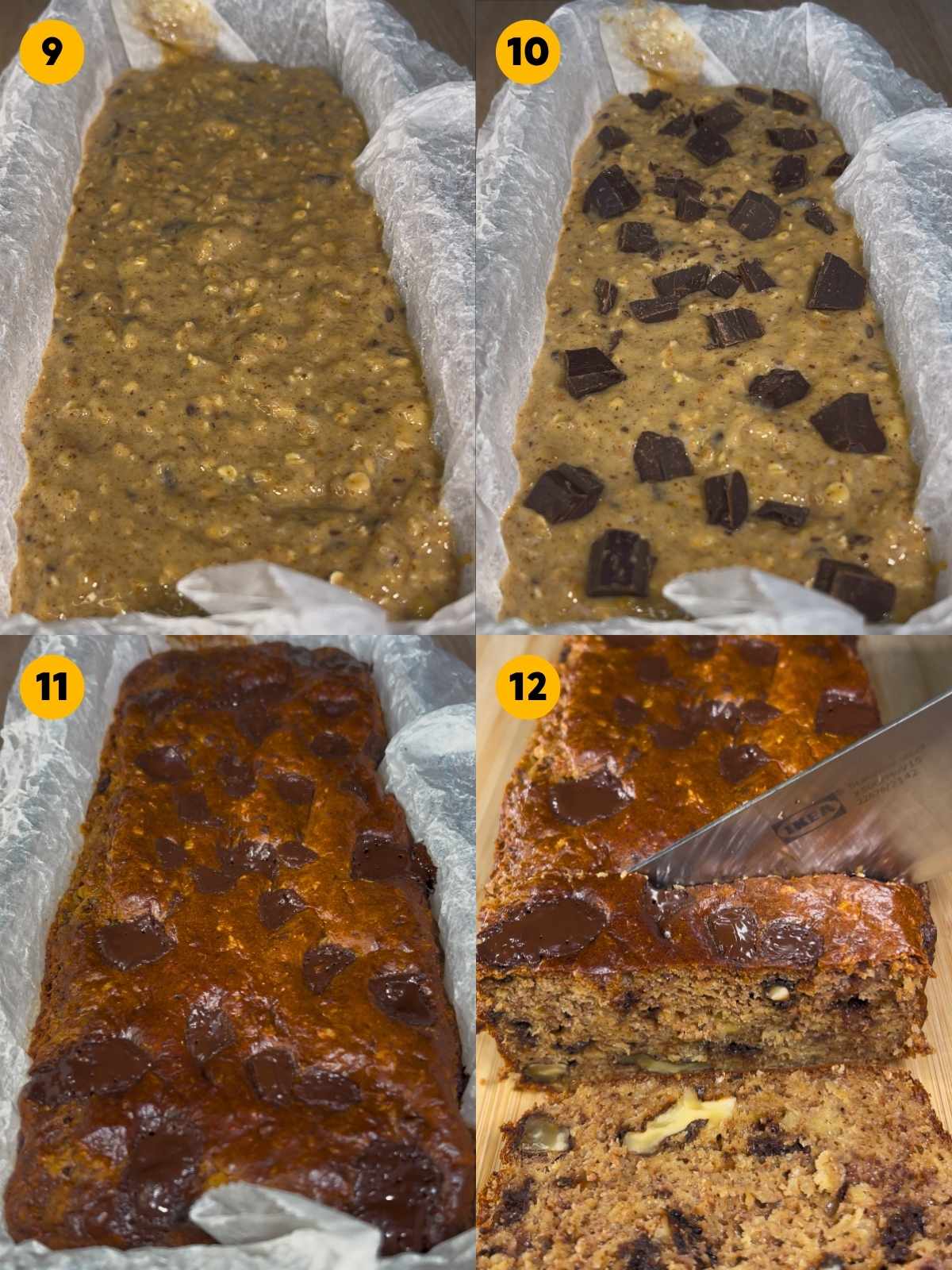 Pouring the batter into a lined loaf pan and sprinkling it with dark chocolate. Then cooling the baked banana bread and slicing it.