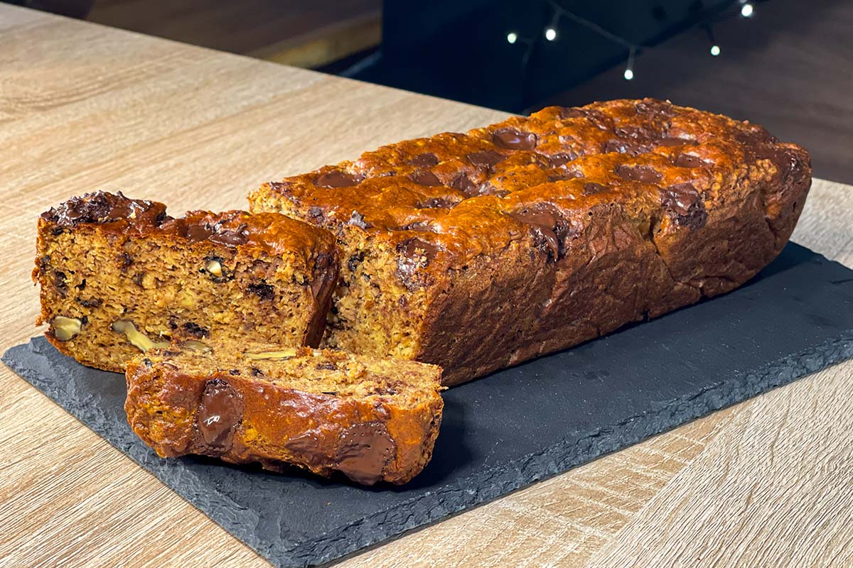 Banana Bread with Protein Powder served on a stone plate