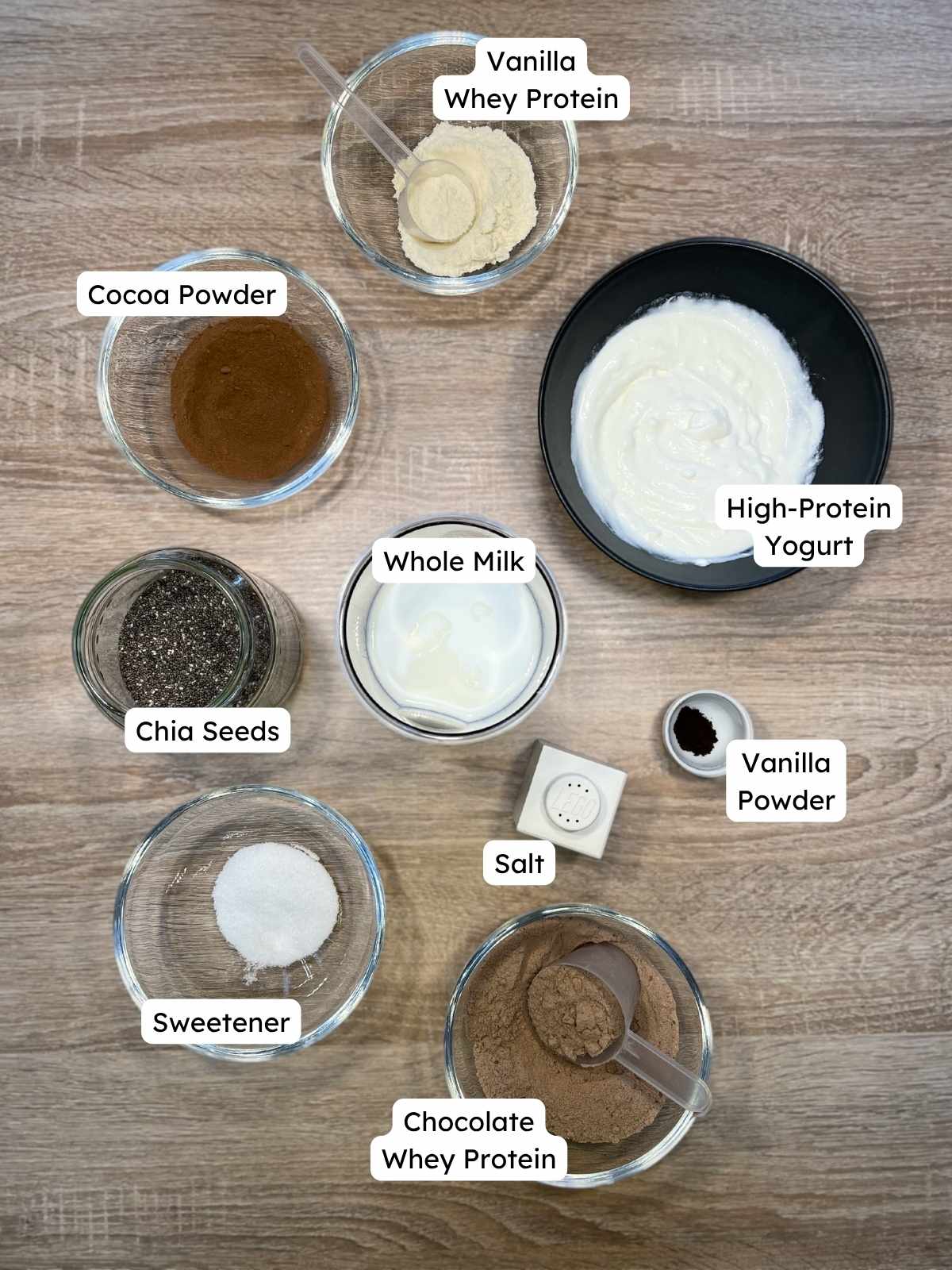 All ingredients for Chia Seed Pudding with Protein Powder
