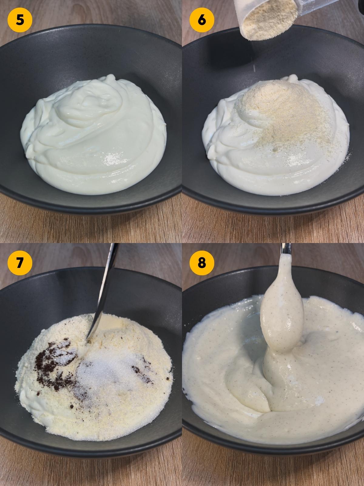 Mixing Skyr with vanilla protein powder, vanilla powder, and sweetener.