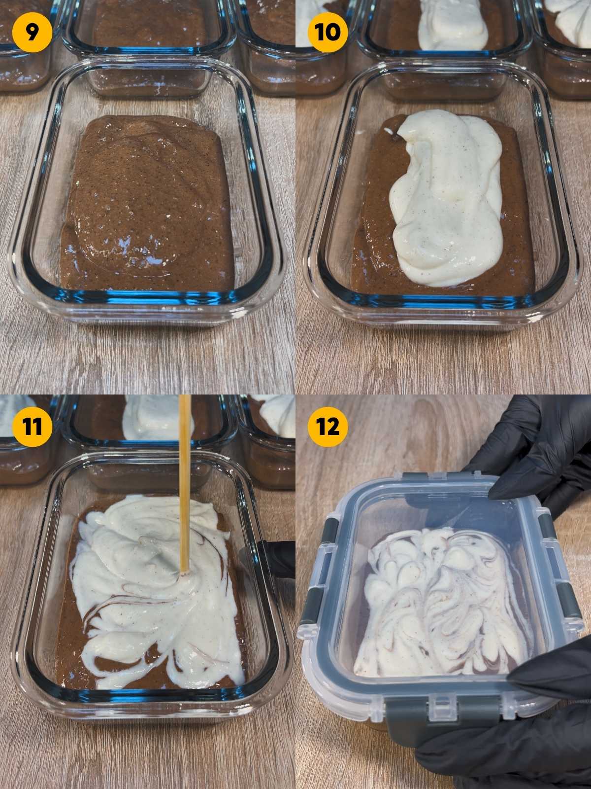 Putting the chocolate chia seed pudding into a meal prep container, layering the vanilla yogurt cream on top and swirling the two layers with a skewer. Then closing the meal prep container.