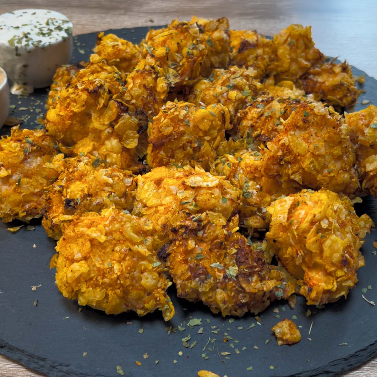Close-up photo of High-Protein Chicken Nuggets with Dipping Sauces served on a stone plate