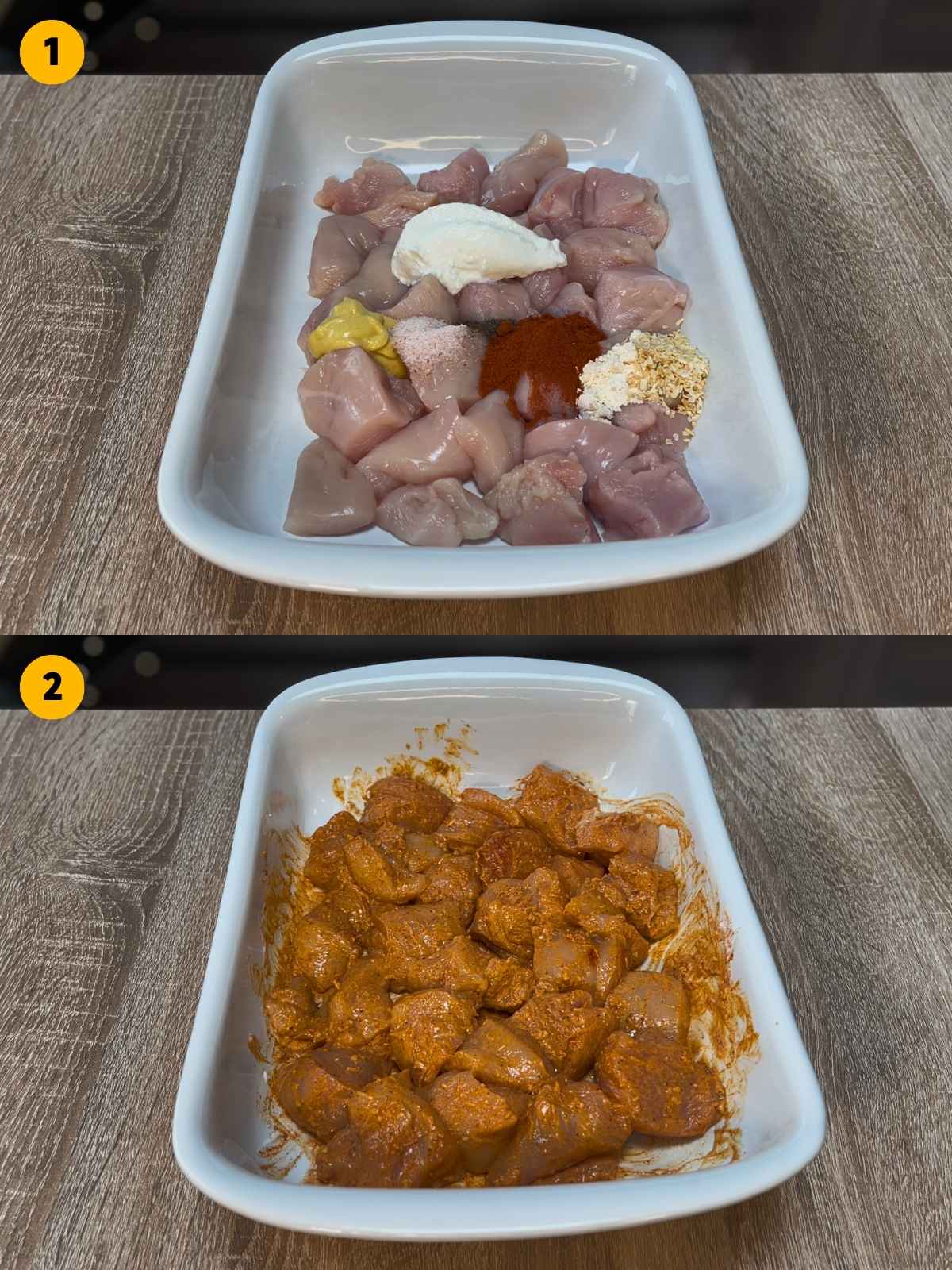 Seasoning chicken pieces and marinating them.