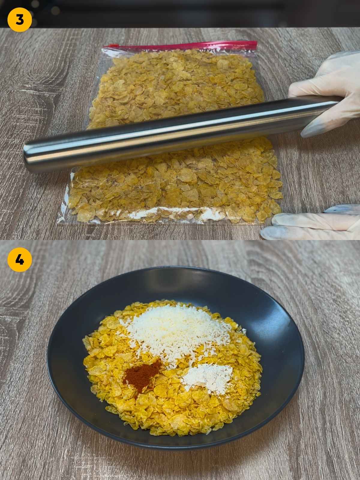Crushing cornflakes in a plastic bag with a metal rolling pin. Seasoning the crushed cornflakes in a bowl.