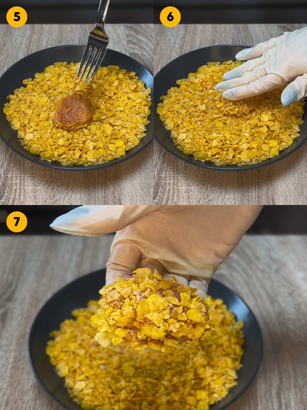 Coating the marinated chicken pieces in the seasoned crushed cornflakes.
