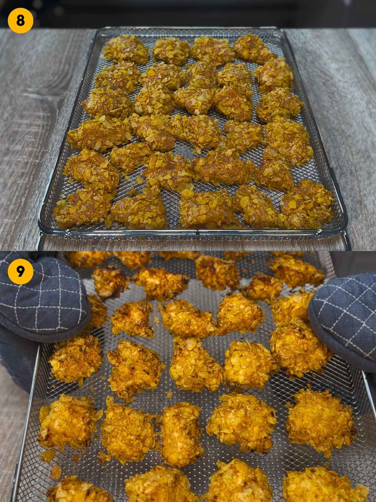 Placing the coated chicken nuggets on a baking rack. Then showing the baked chicken nuggets.