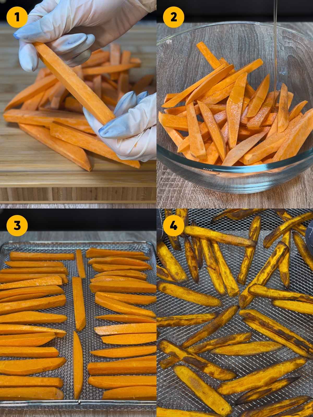 Cut sweet potatoes into fries shape. Putting olive oil and salt to the sweet potatoes. Then layering the sweet potato fries in an air fryer basket and baking them.