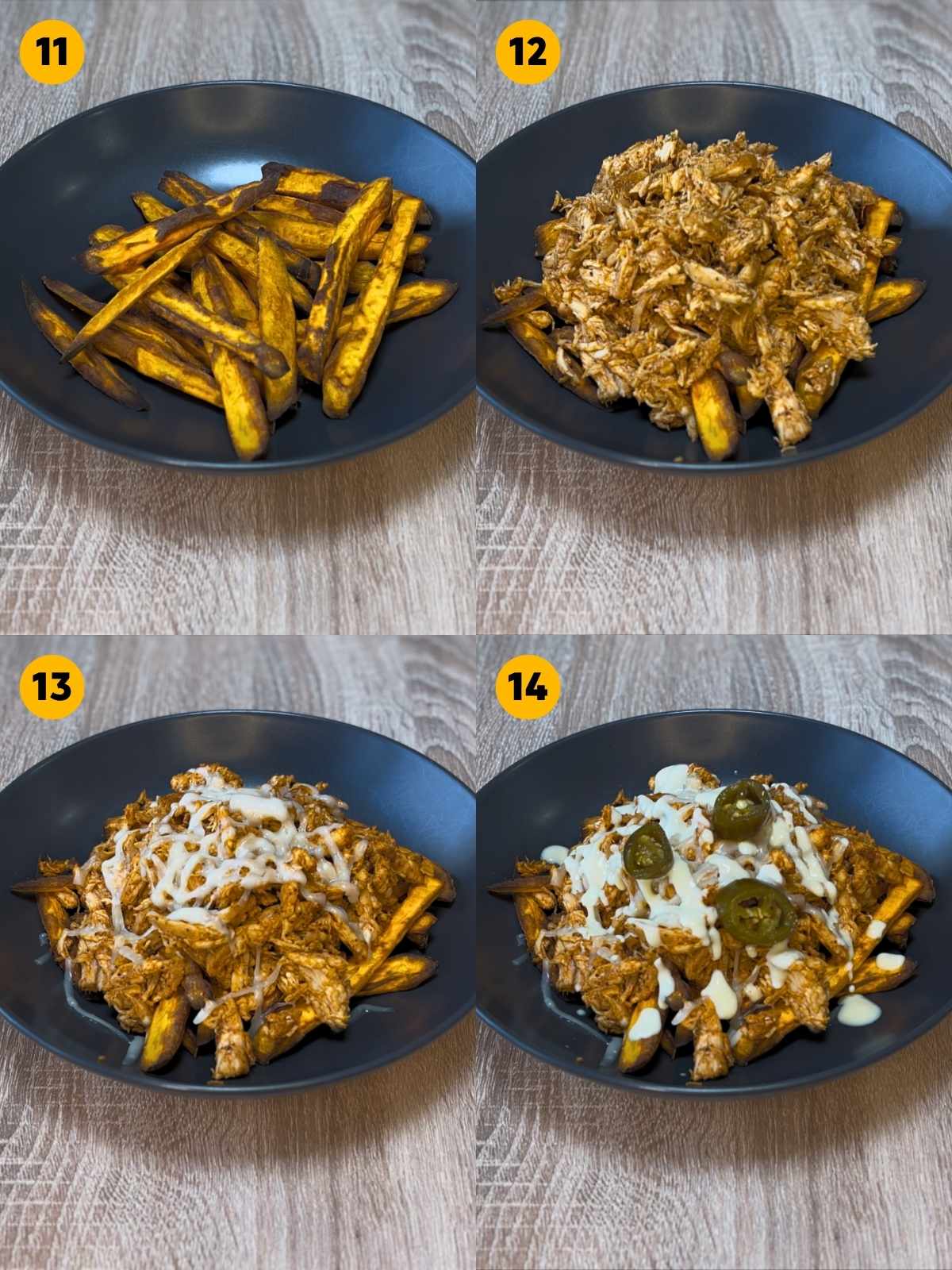 Assembling the baked sweet potato fries in a grey bowl with the BBQ pulled chicken and topping it with melted cheese, honey mustard sauce and sliced pickled jalapeƱos.