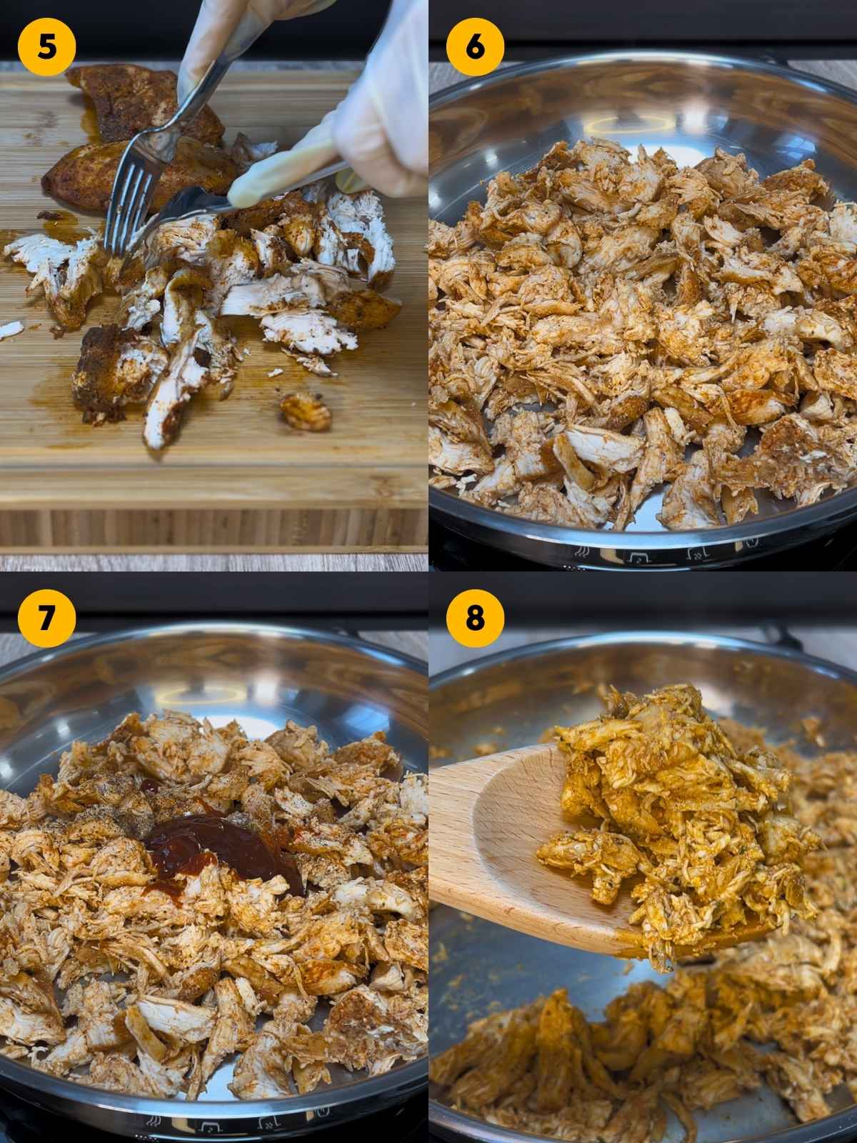 Shredding the cooked chicken breast with two forks. Then seasoning the shredded chicken with spices and BBQ sauce in a skillet.