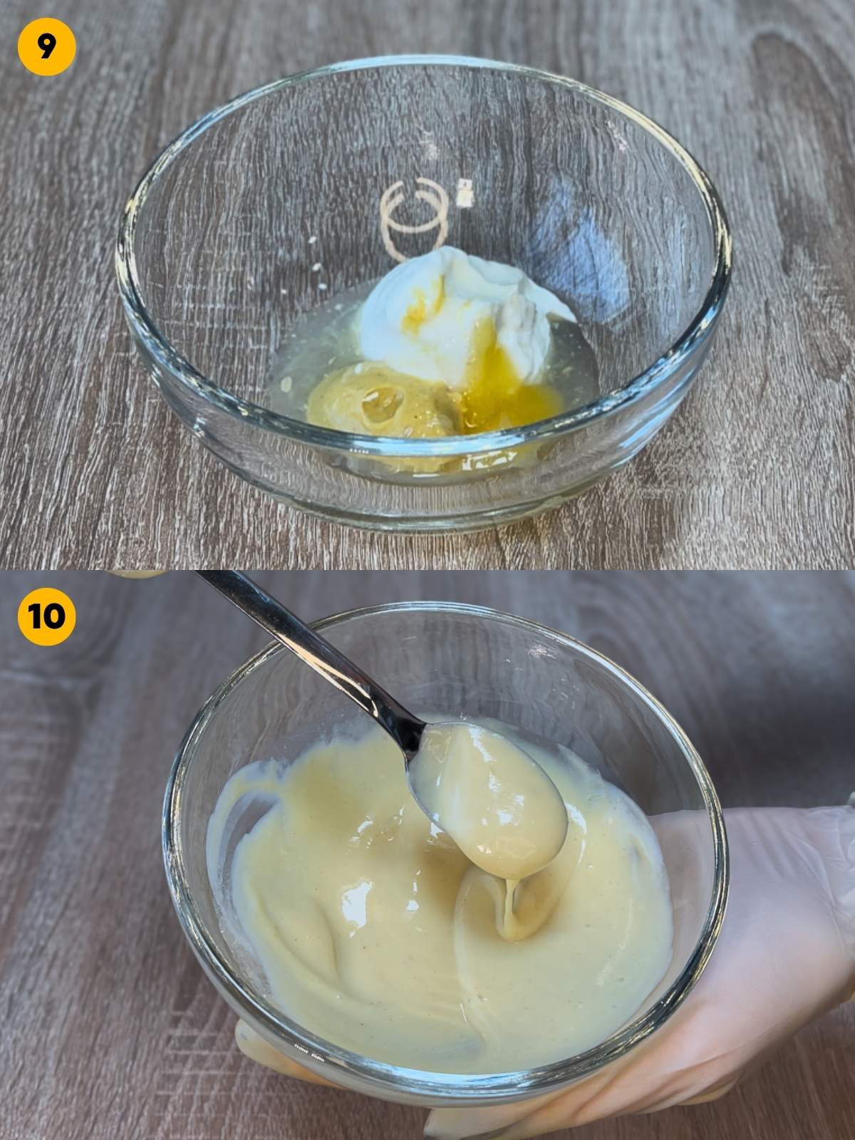 Whisking the honey mustard sauce ingredients in a glass bowl.