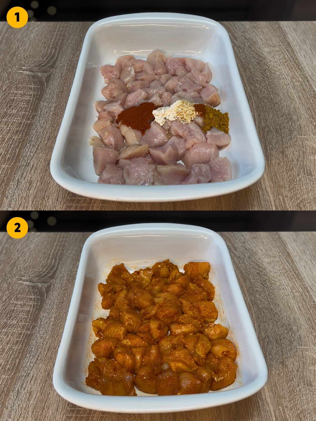 Seasoning chicken pieces and marinating them.