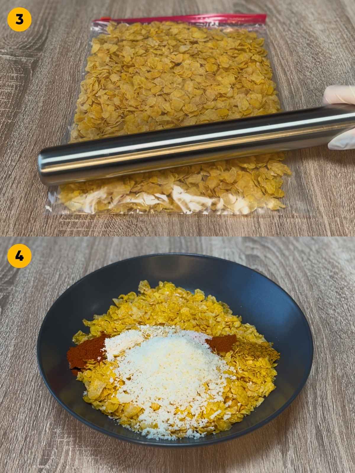 Crushing cornflakes in a plastic bag with a metal rolling pin. Seasoning the crushed cornflakes in a bowl.
