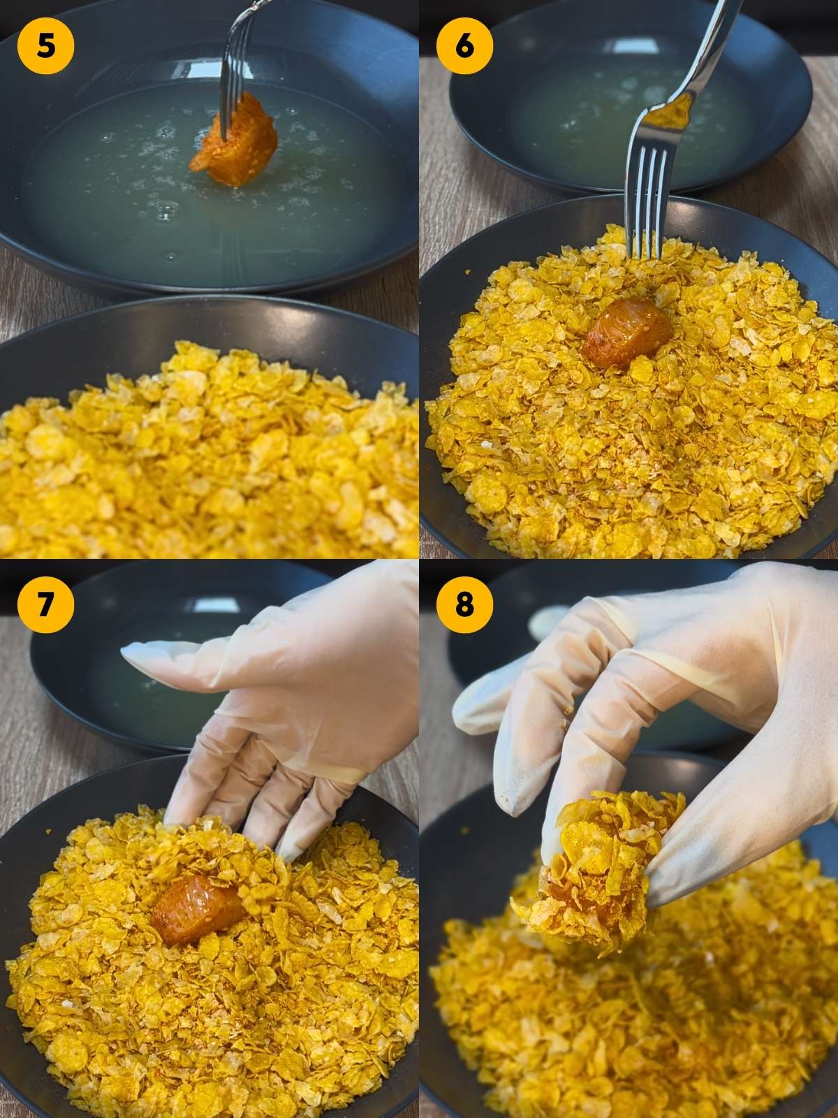 Dipping the chicken pieces in egg whites. Coating the chicken pieces in the seasoned crushed cornflakes.
