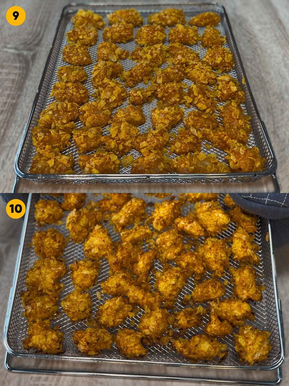 Placing the coated popcorn chicken on a baking rack. Then showing the baked popcorn chicken.