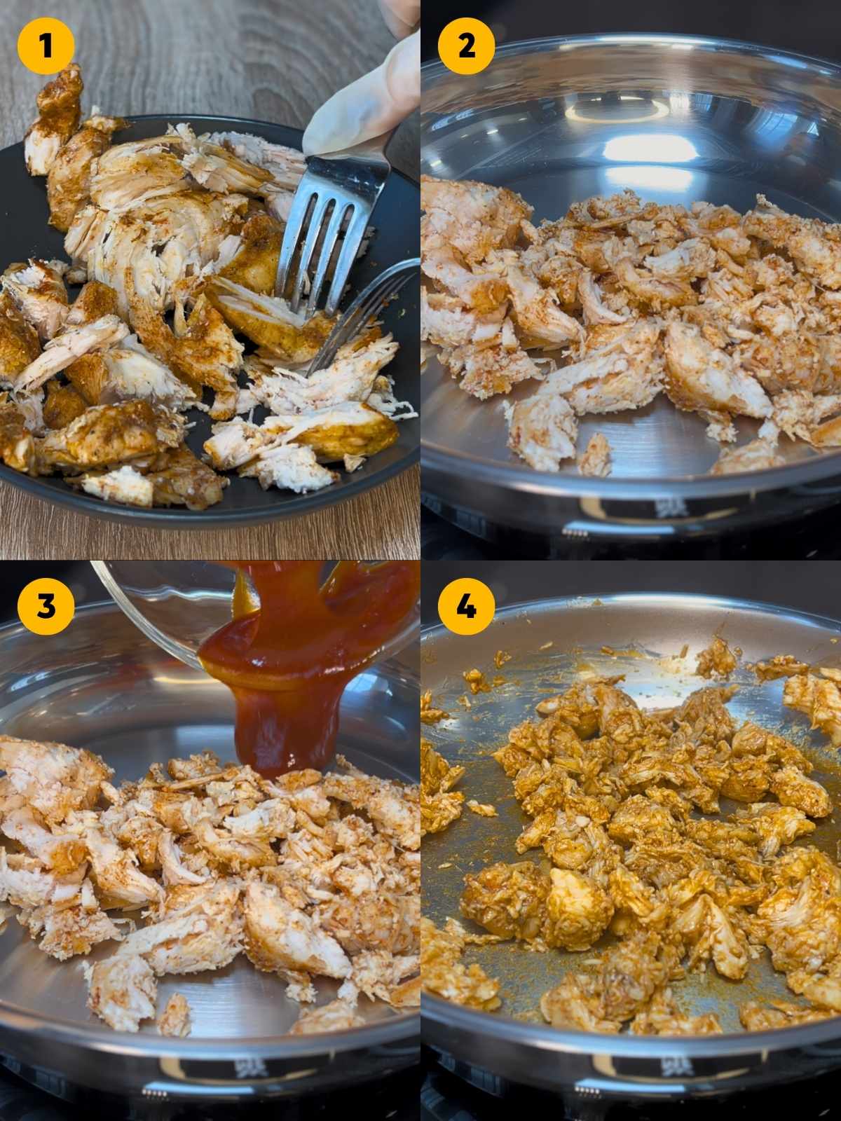 Shredding the cooked chicken breast with two forks. Then seasoning the shredded chicken with apple cider vinegar and BBQ sauce in a skillet.