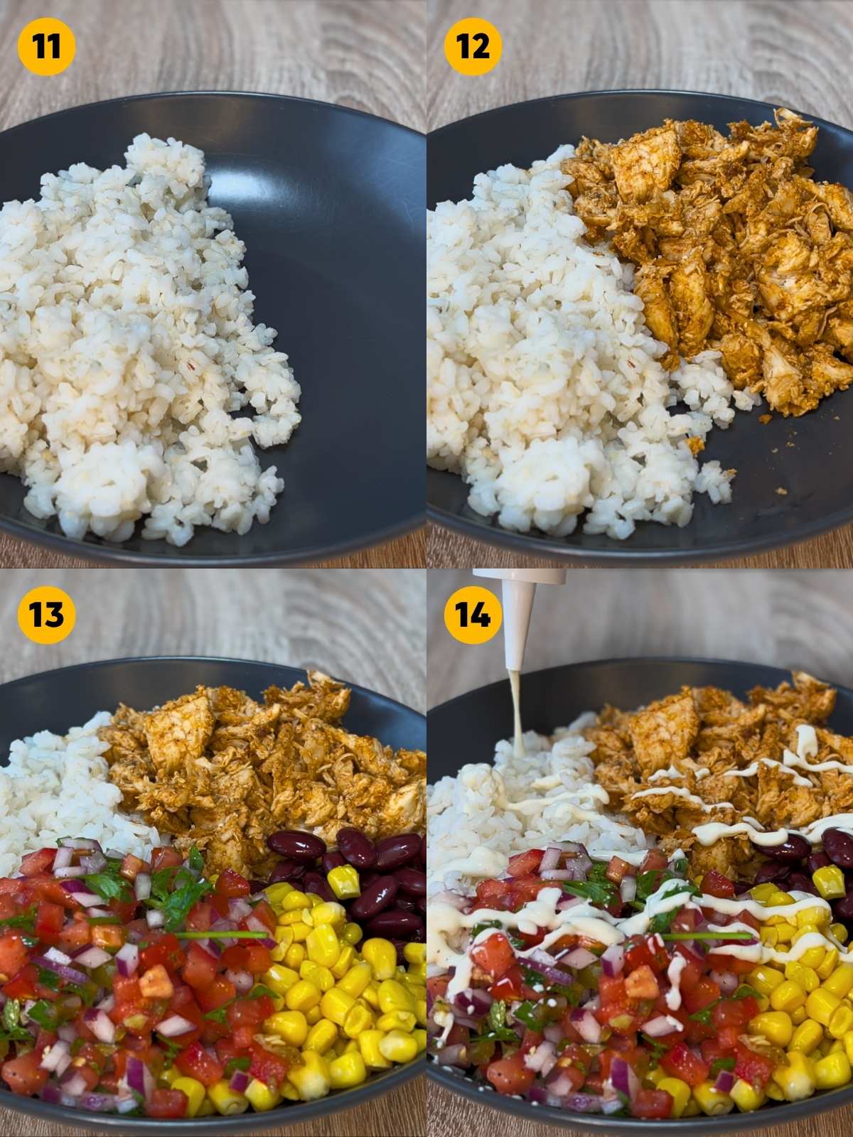 Assembling the hot rice in a bowl with BBQ shredded chicken, pico de gallo, corn, beans, and drizzling with burrito bowl dressing.