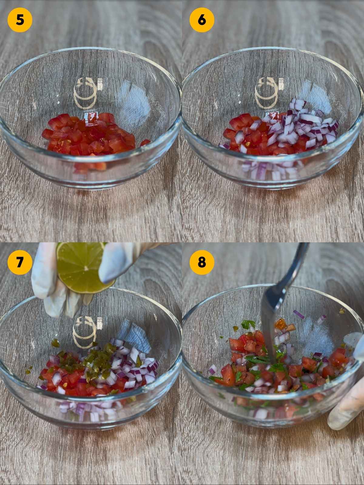 Combining diced tomato, red onion, jalapeño, lime juice and fresh parsley into a homemade pico de gallo.