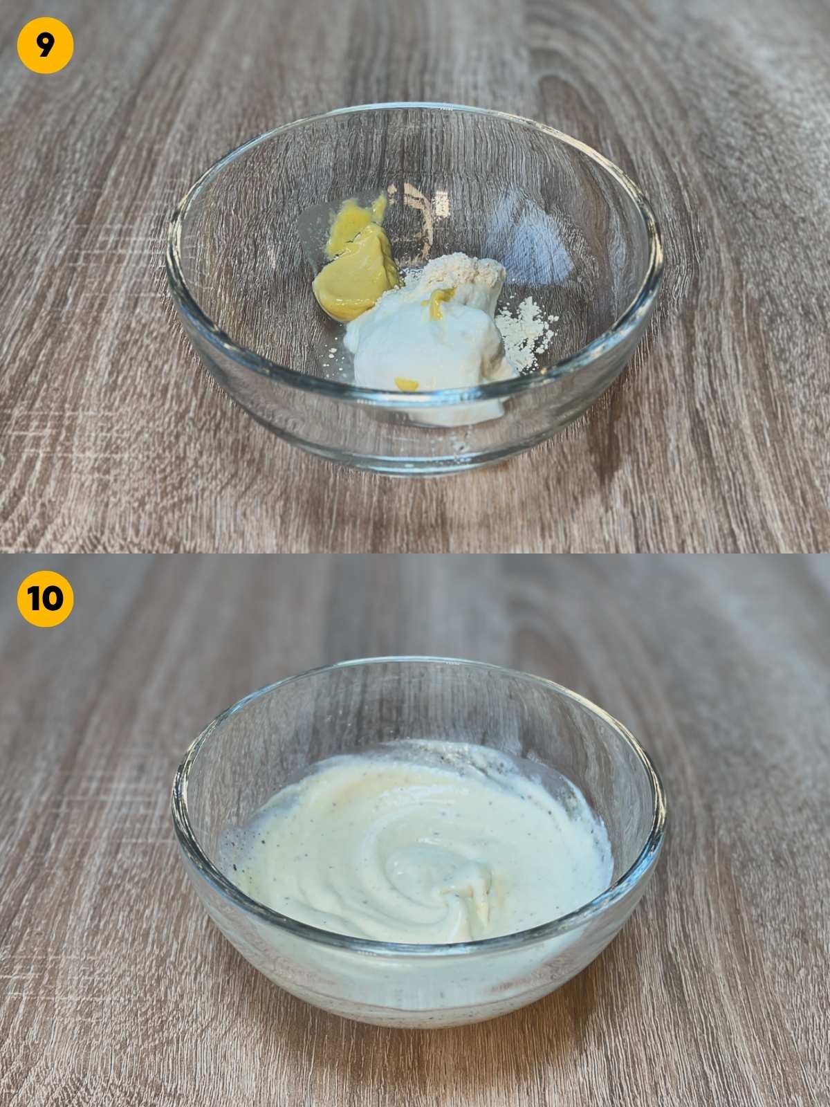 Whisking the burrito bowl dressing ingredients in a glass bowl.