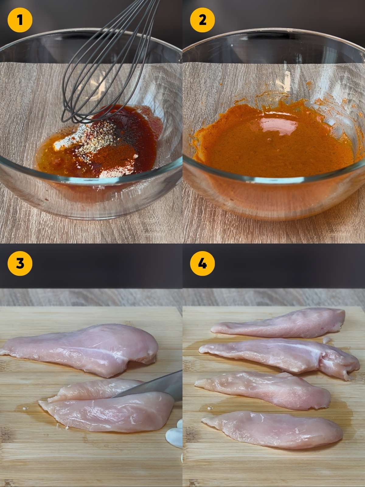 Mixing the marinade ingredients. Then slicing the chicken breast into tenders.