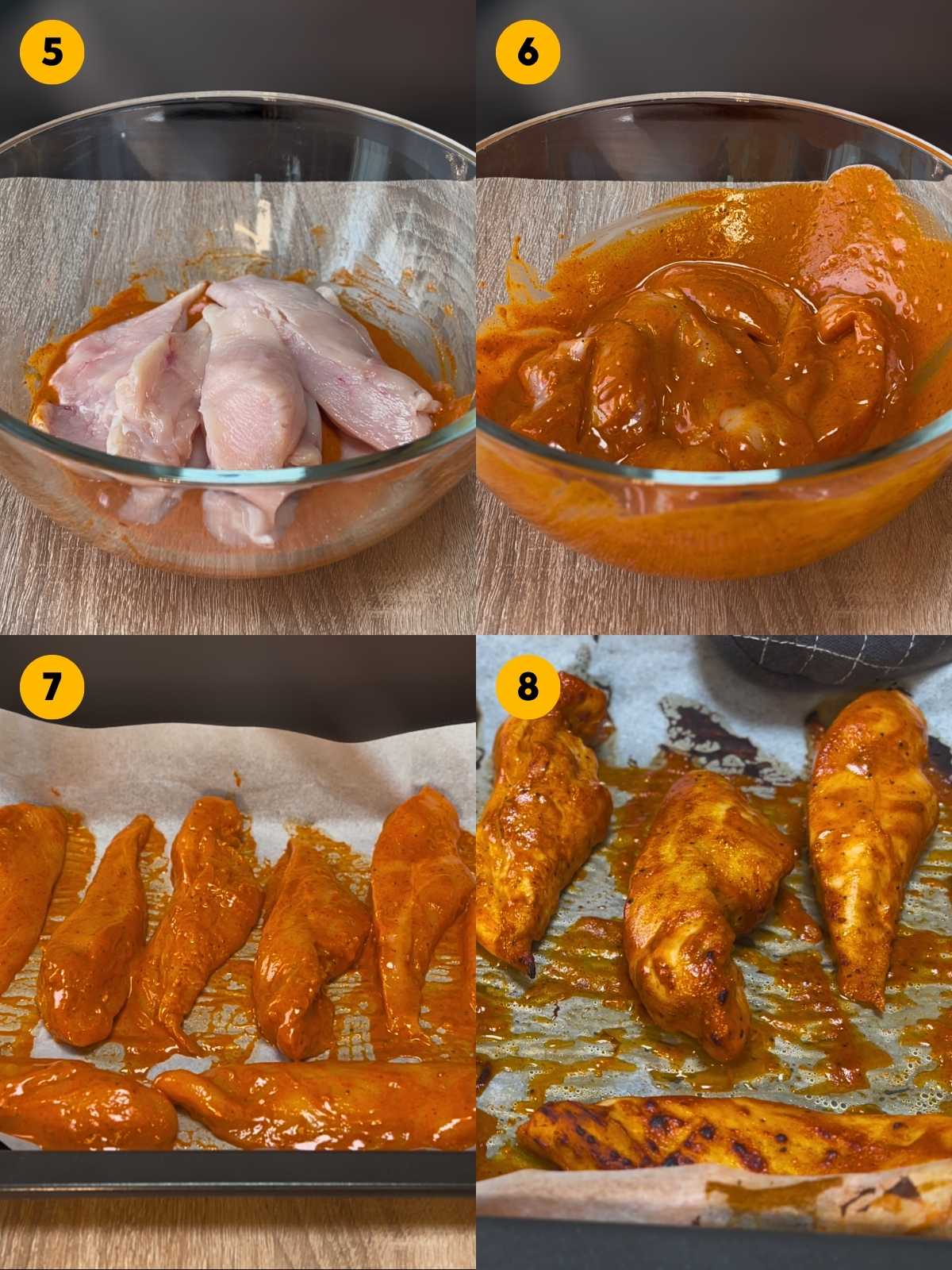 Marinating the chicken tenders. Then baking them on a baking tray with parchment paper.