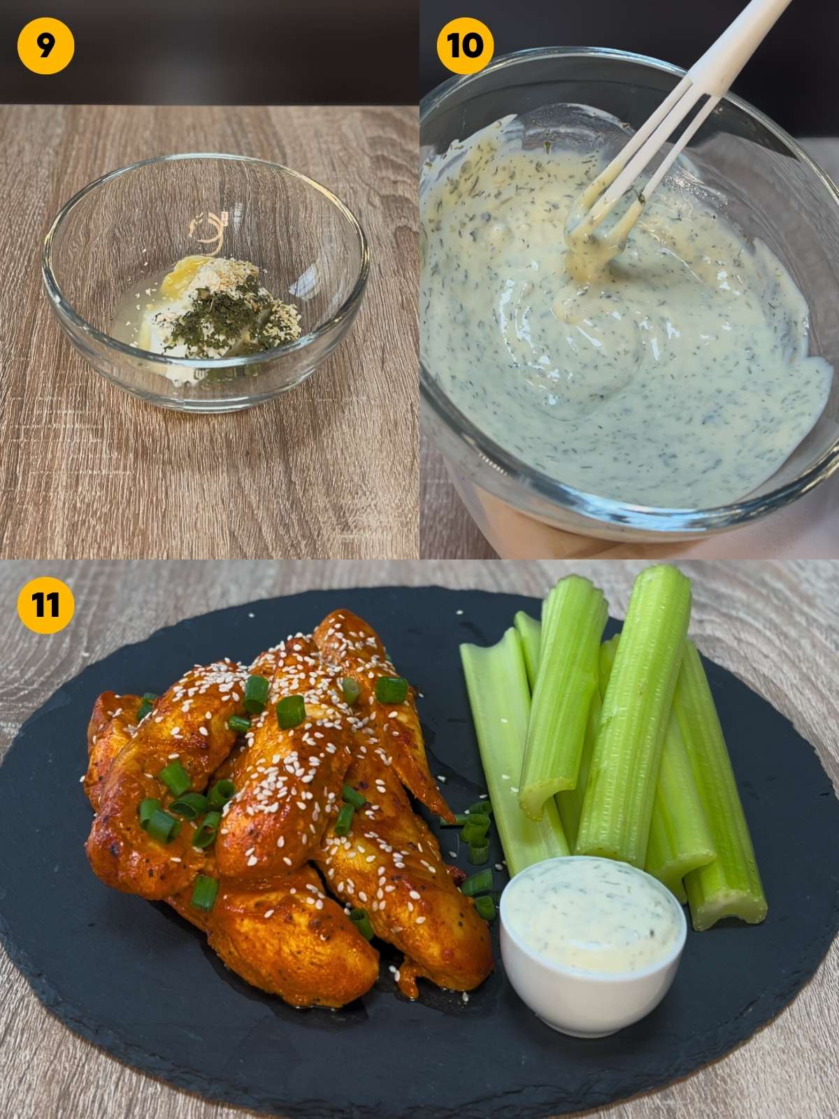Mixing the protein ranch dip and showing the assembled chicken tenders, celery sticks and dip on a stone plate.