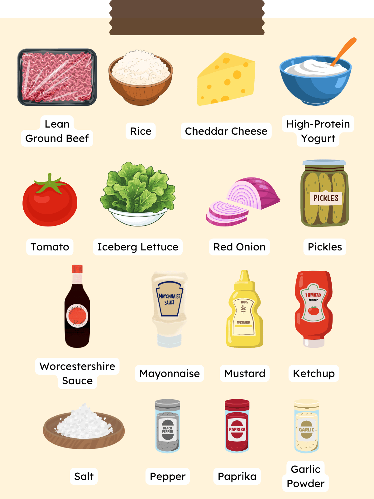 All ingredients for Cheeseburger Bowl with Rice