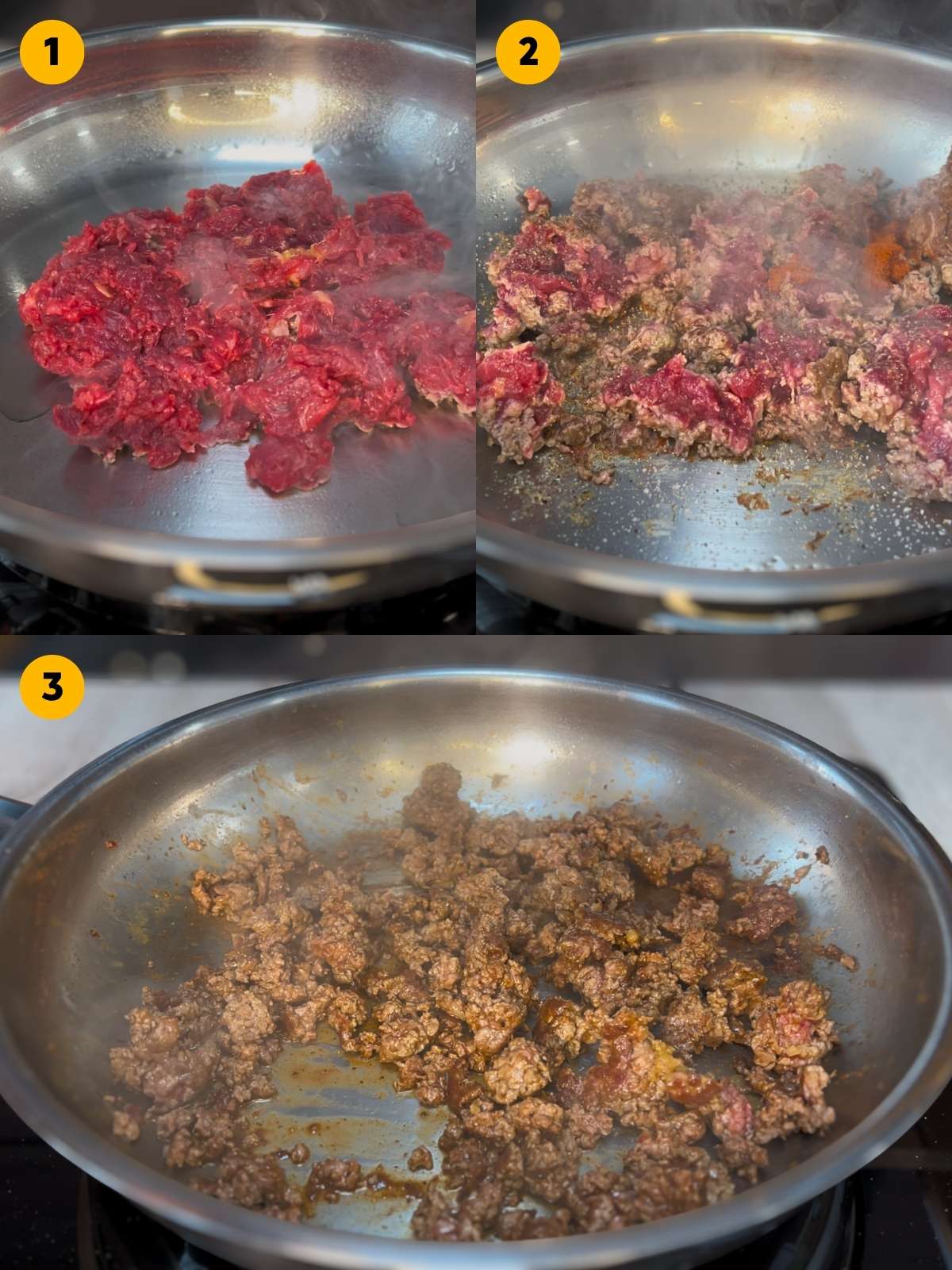 Cooking the ground beef until browned and seasoning it with spices.