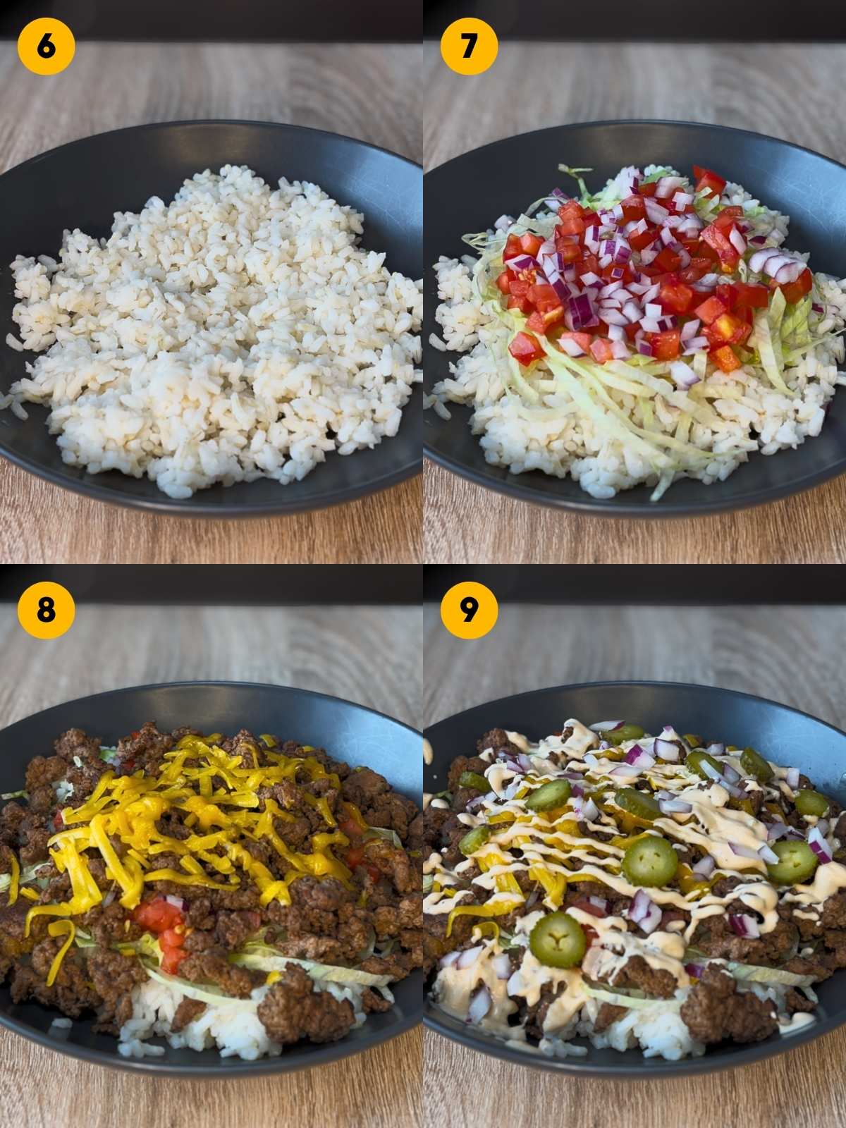 Assembling the hot rice in a bowl with cooked beef, shredded cheddar, lettuce, tomatoes, pickles and onions. Then drizzling with burger sauce.
