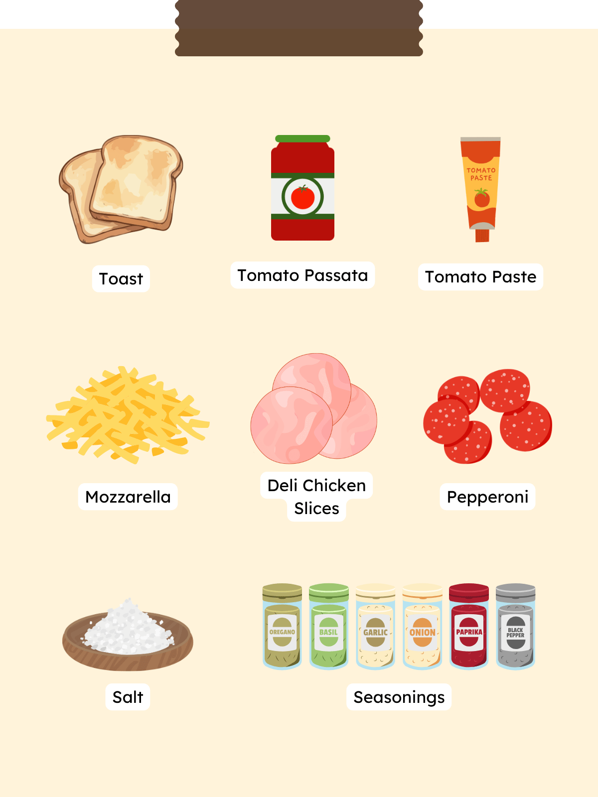 Graphic infographic illustrating the ingredients needed for the recipe, including toast, tomato passata, tomato paste, shredded mozzarella, deli chicken slices, pepperoni, salt, and various spice jars.