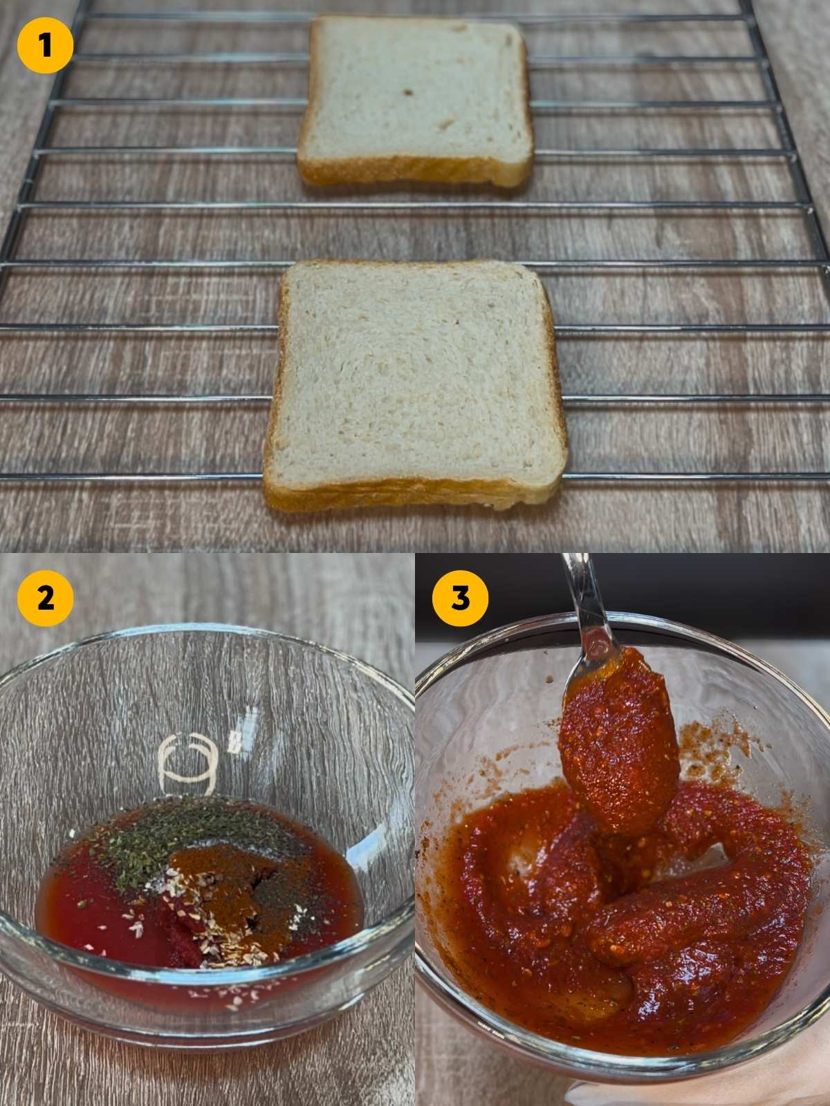 Three-panel step-by-step recipe photo showing two slices of bread on a wire rack, spices added to a bowl with tomato passata, and the pizza sauce mixed together with a spoon.