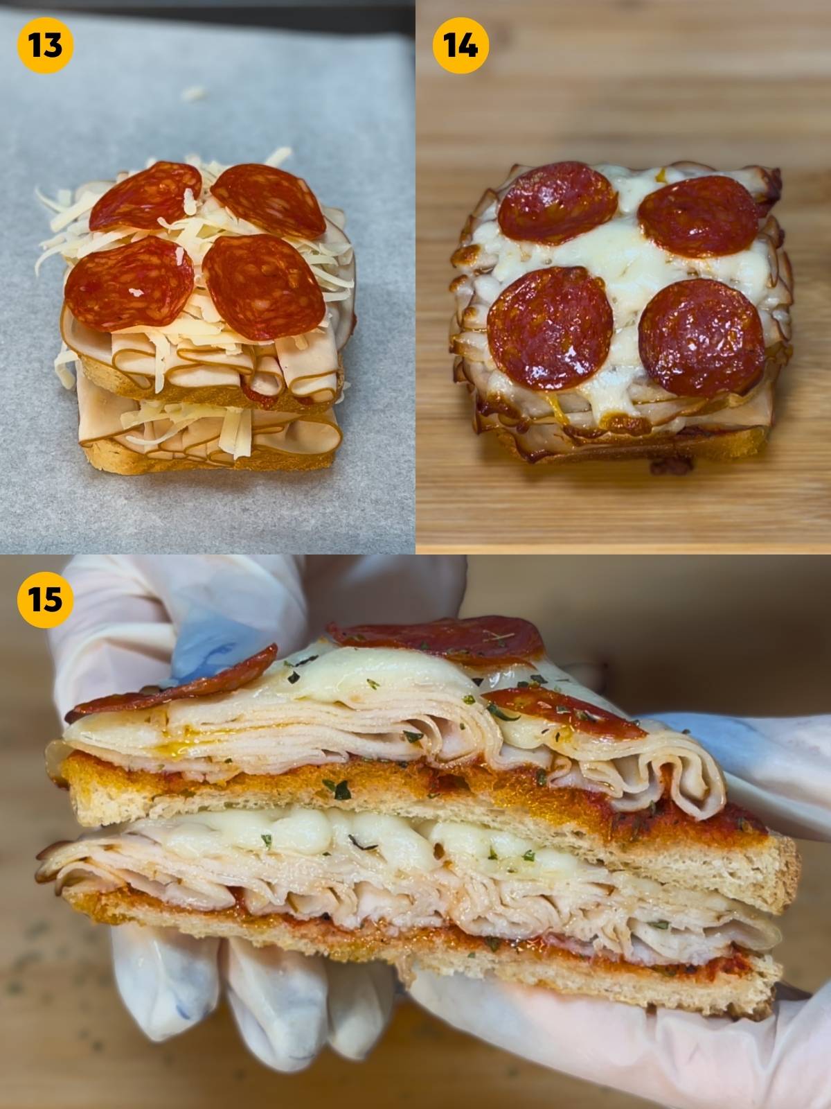 Three-panel photo showing the assembled uncooked sandwich on parchment paper, the baked golden-brown pizza toast, and a cross-section reveal of the thick melted cheese and chicken layers.