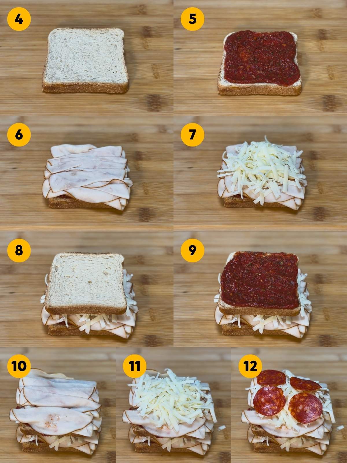 Nine-panel grid detailing the sandwich assembly process, showing the layering of homemade pizza sauce, deli chicken, and shredded mozzarella across two tiers of bread.