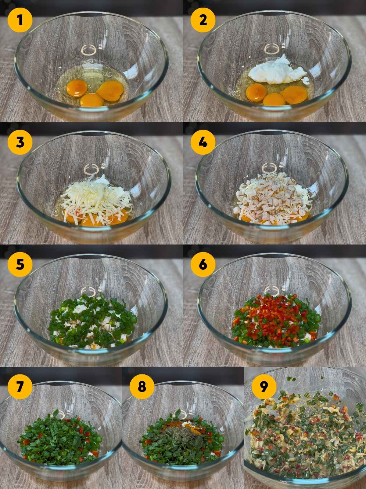 Nine-panel step-by-step recipe photo showing the mixing of eggs, high-protein yogurt, cheese, chicken, and vegetables in a glass bowl.
