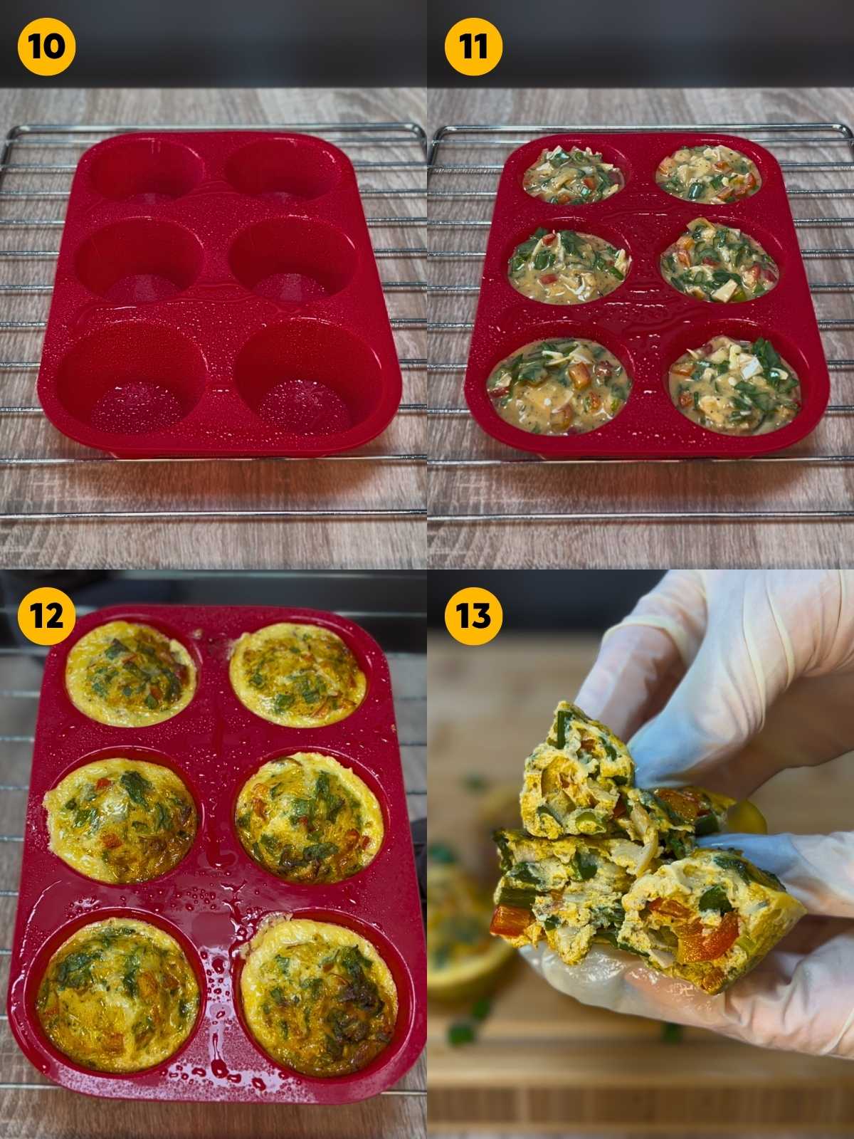Four-panel recipe photo showing an empty red silicone muffin pan, filling it with egg mixture, baked egg bites, and a broken-open egg bite.