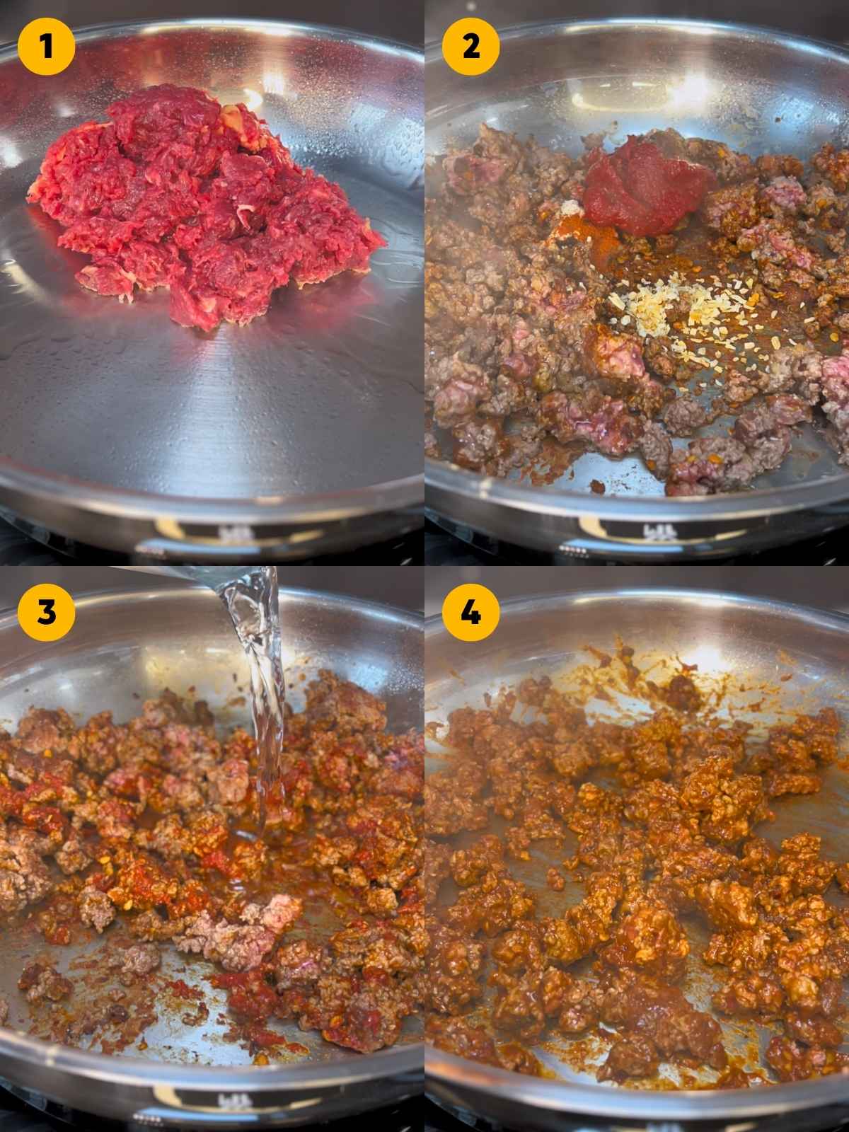 Four-panel step-by-step recipe photo showing the process of cooking and seasoning the lean ground beef in a stainless steel pan.