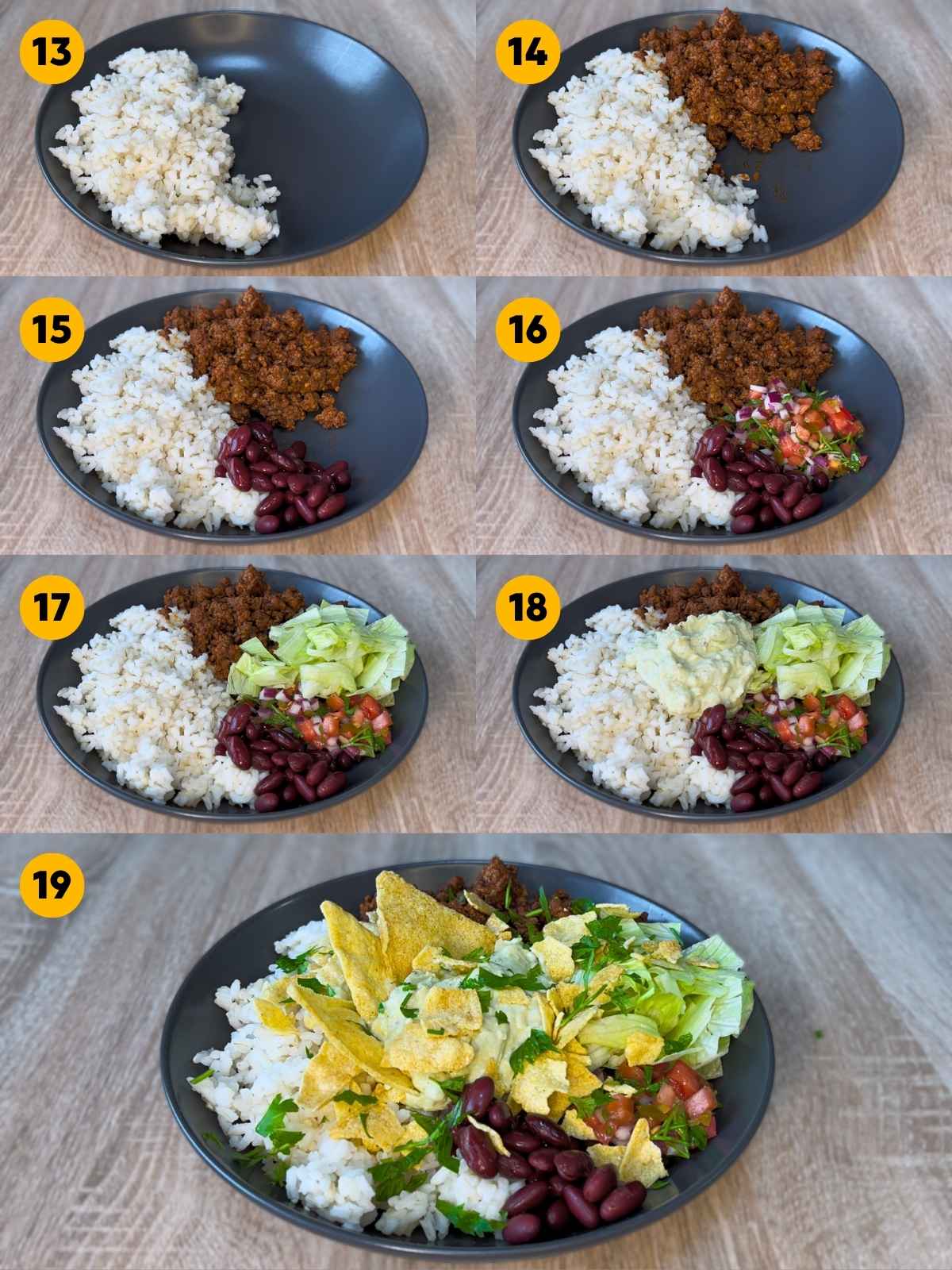 Seven-panel grid detailing the step-by-step assembly of the burrito bowl, layering rice, beef, beans, lettuce, pico de gallo, guacamole, and chips.