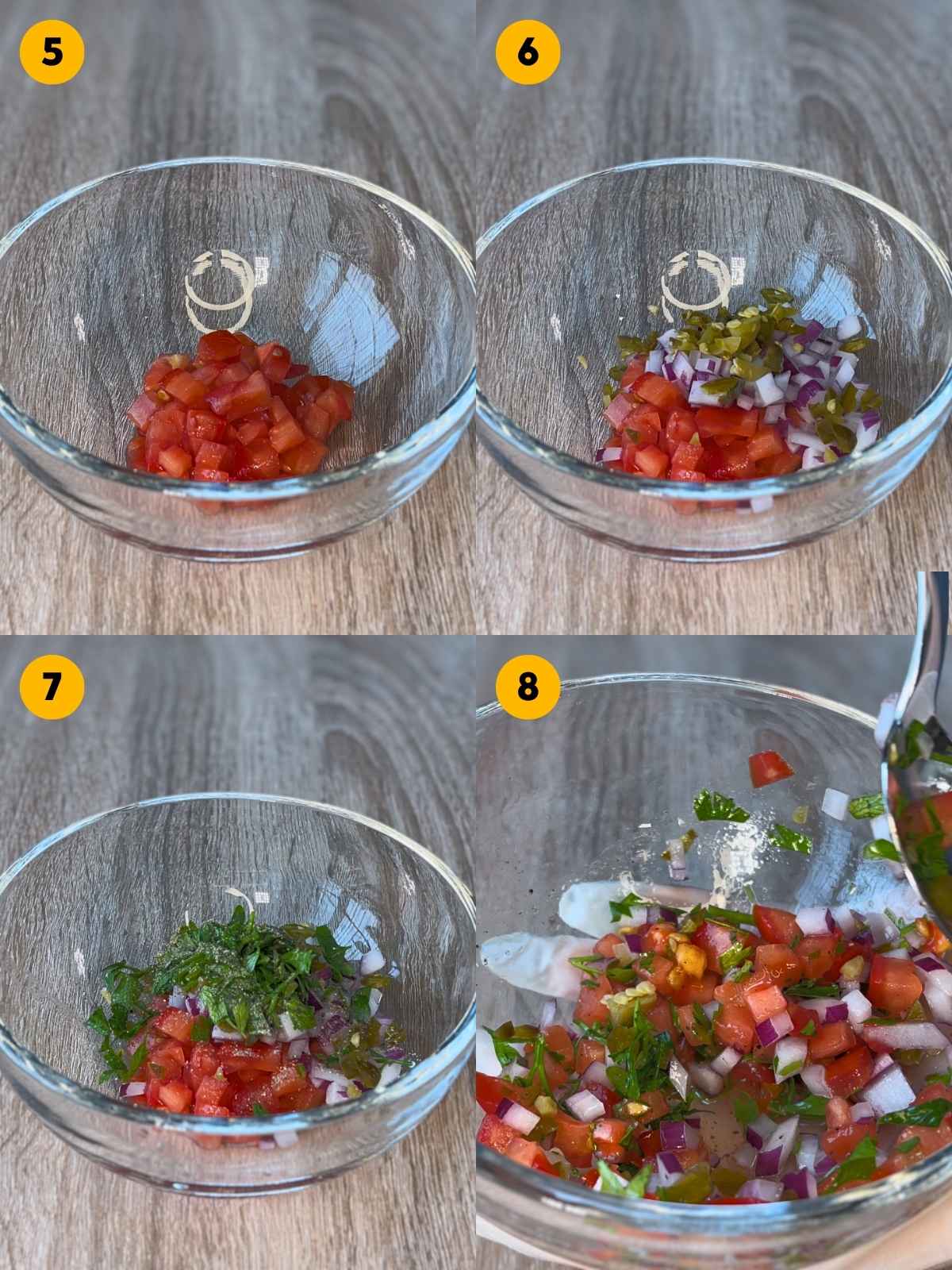Four-panel recipe photo showing the preparation of fresh pico de gallo with onions and parsley in a clear glass bowl.