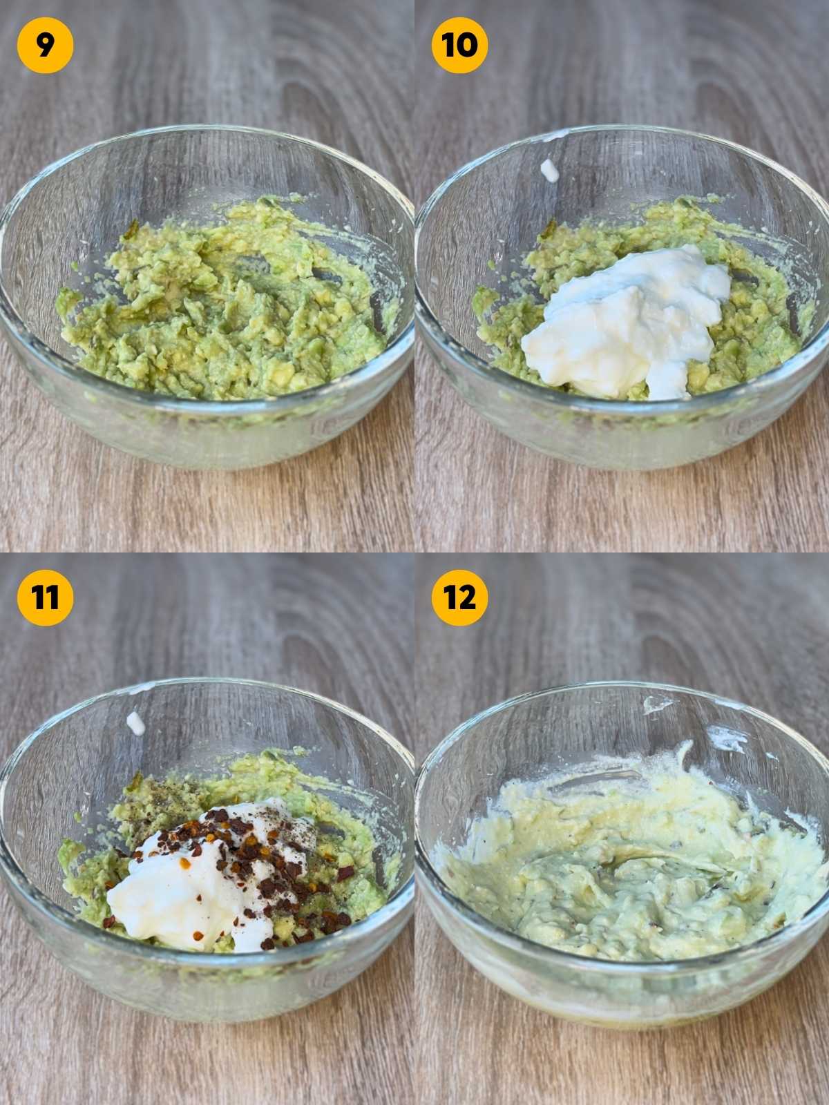 Four-panel recipe photo illustrating the preparation of guacamole mixed with high-protein yogurt and spices in a glass bowl.