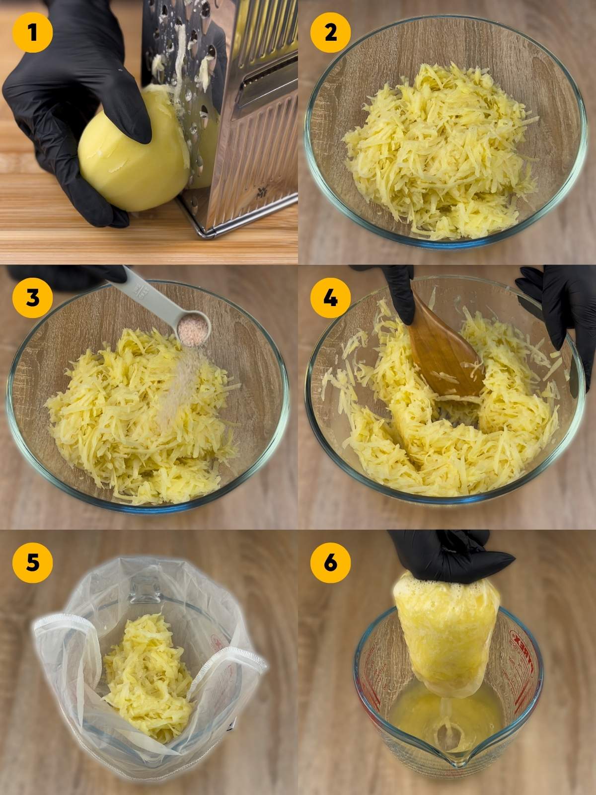 Six-panel step-by-step recipe photo showing a hand in a black glove grating white potatoes, adding salt, mixing them with a wooden spoon, and squeezing out the excess liquid using a mesh straining bag over a measuring cup.