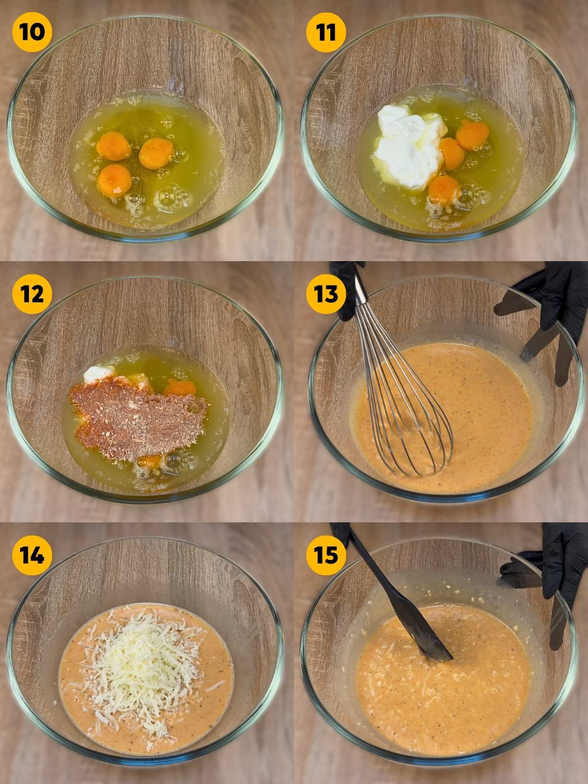 Six-panel step-by-step recipe photo showing the egg mixture preparation, including whisking whole eggs, egg whites, Greek yogurt, seasonings, and shredded mozzarella cheese in a glass bowl.