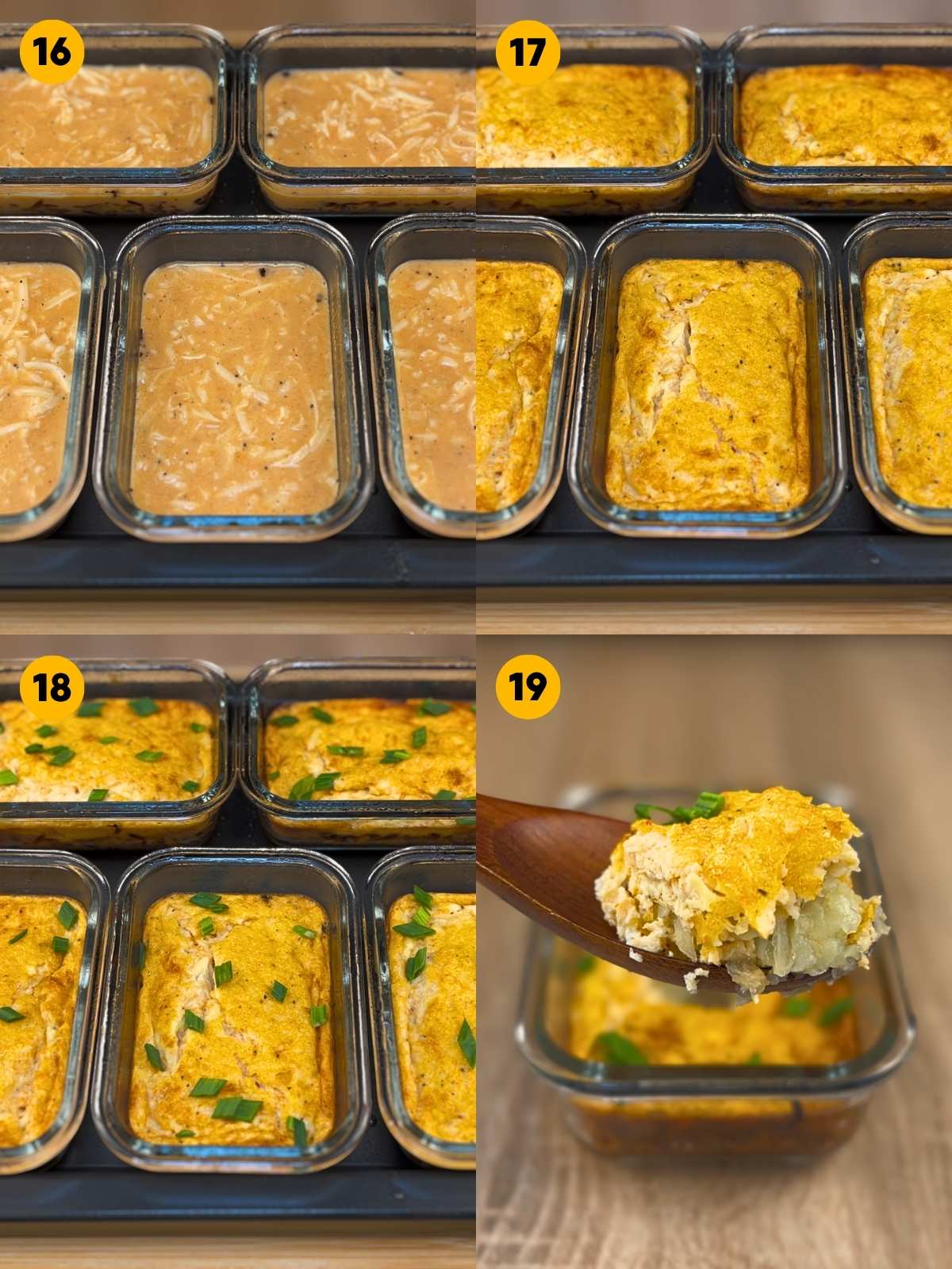 Four-panel step-by-step recipe photo showing the egg mixture poured over the baked hash browns, the baked egg casserole bowls, garnishing with sliced spring onions, and a spoonful of the finished dish.