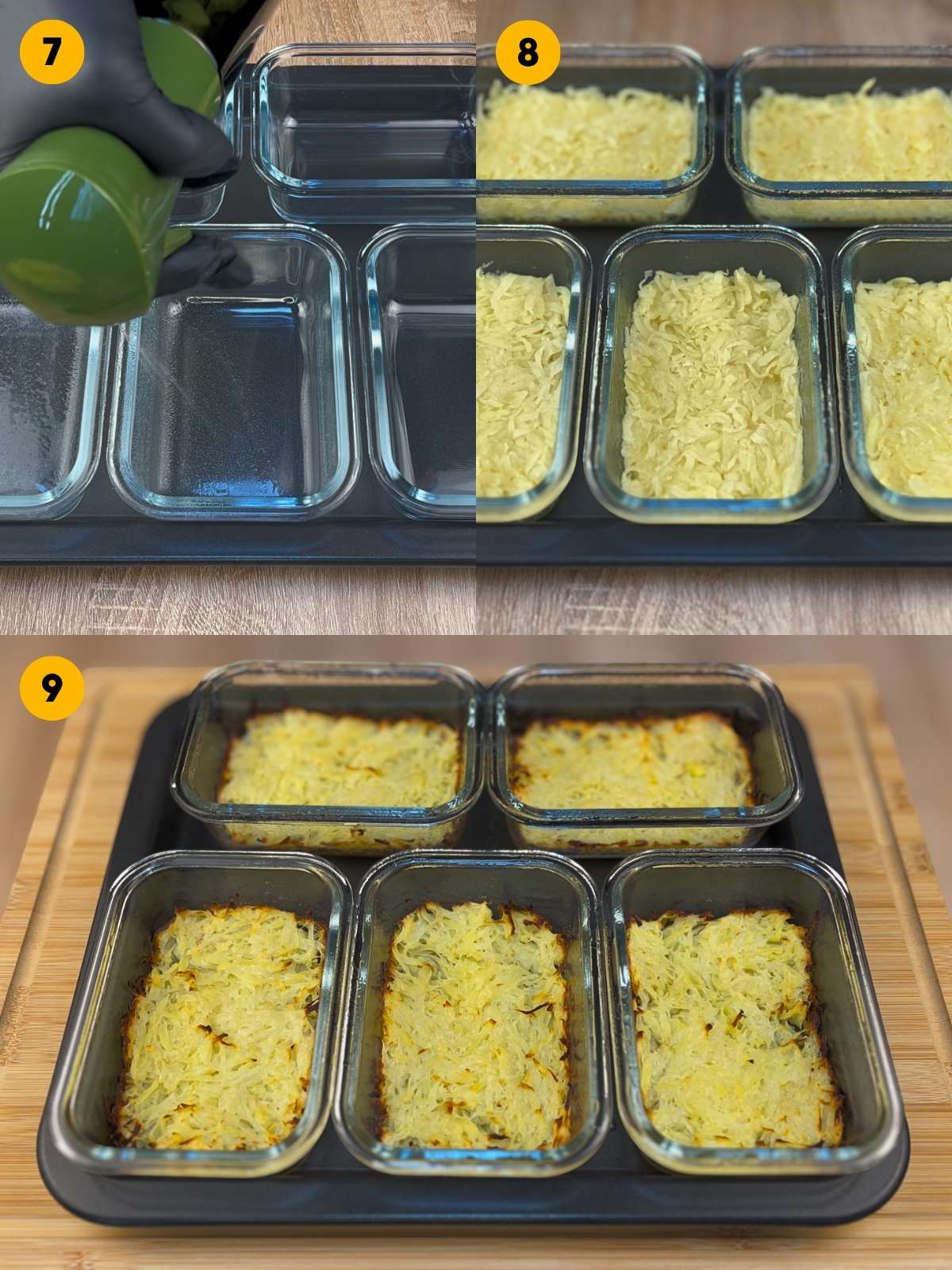 Three-panel step-by-step recipe photo showing glass meal prep containers being sprayed with oil, filled with a layer of grated potatoes, and baked until the hash browns are golden brown.