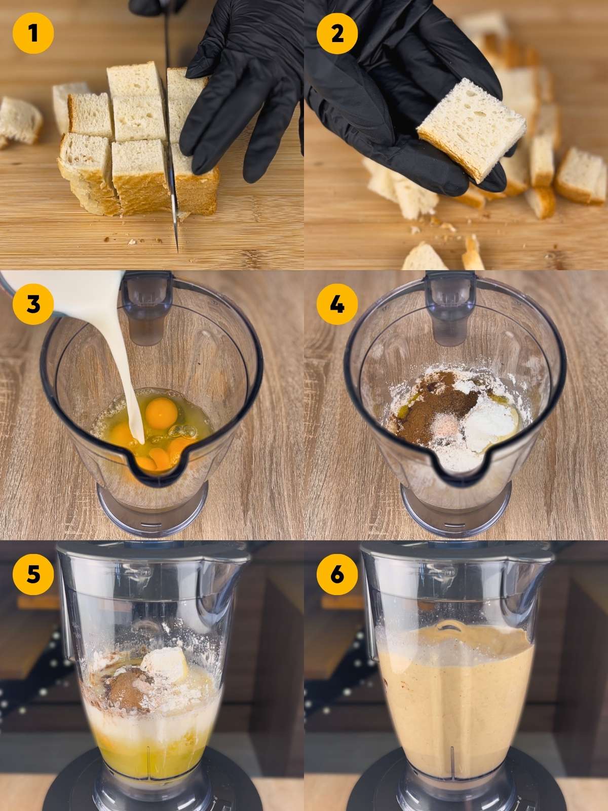 Six-panel step-by-step recipe photo showing hands in black gloves cutting toast bread into cubes and blending liquid ingredients like eggs, almond milk, protein powder, and spices in a blender.