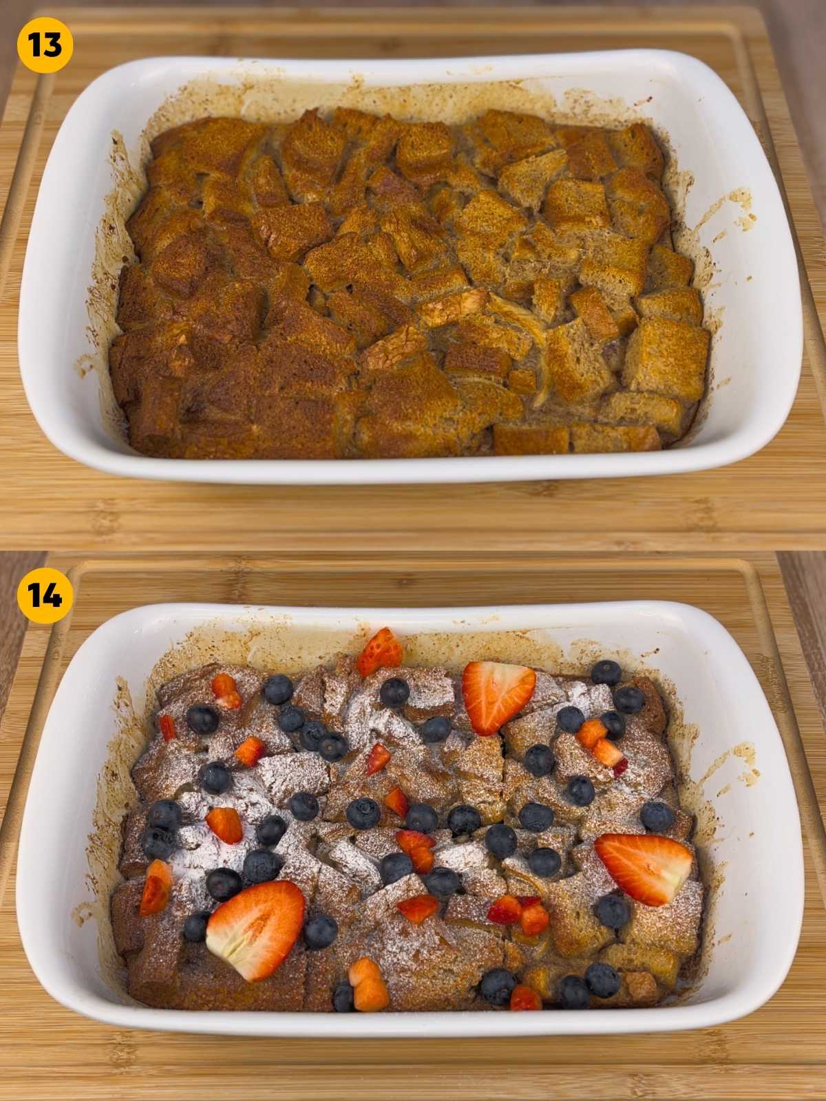 Two-panel photo comparing the plain baked high-protein French toast casserole in a white dish with the final decorated version topped with powdered sugar, fresh strawberries, and blueberries.