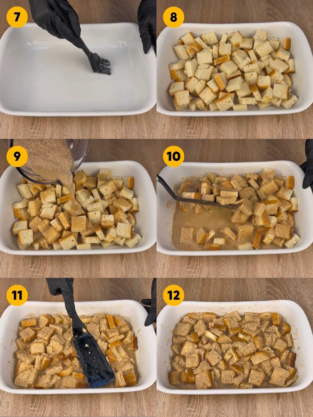 Six-panel step-by-step recipe photo showing a white baking dish being greased, filled with bread cubes, covered with the blended egg mixture, and mixed until the bread is fully soaked.