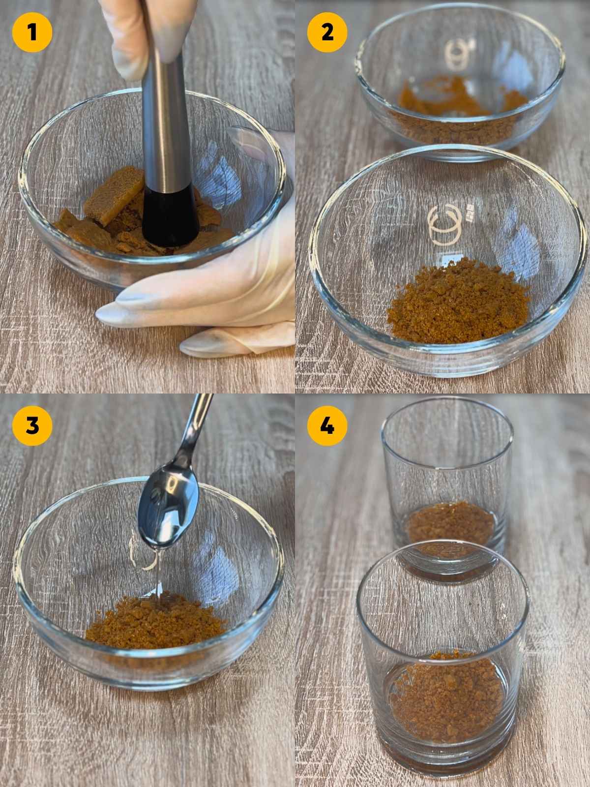 Four-panel step-by-step recipe photo showing the process of crushing Biscoff cookies in a glass bowl and dividing the crumbs into the bottom of two serving glasses.