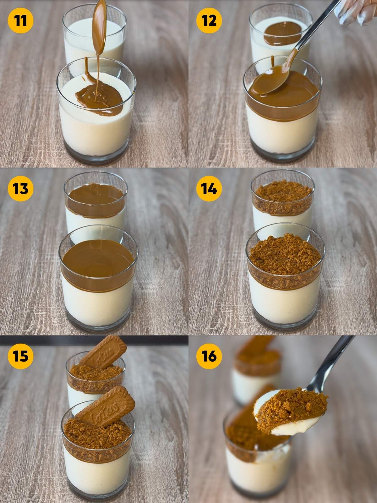 Six-panel recipe photo illustrating the final decoration steps, including pouring melted Biscoff spread, adding crushed cookies, placing a whole biscuit on top, and taking a spoonful of the finished no-bake Biscoff cheesecake cups.
